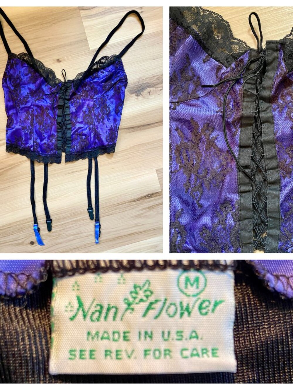 Vintage Nan Flower Bustier Black Lace Blue Shiny Lace Up GARTER Belt Corset M